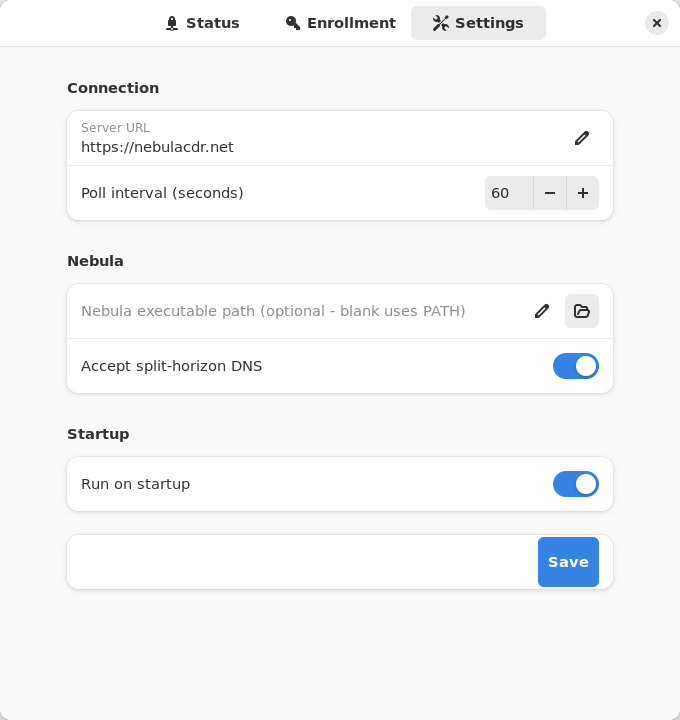 Linux app Settings tab