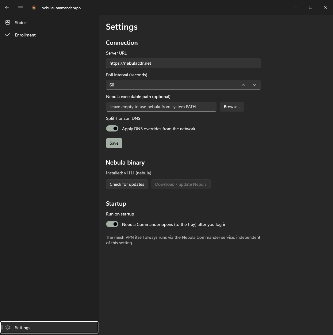 Windows app Settings page