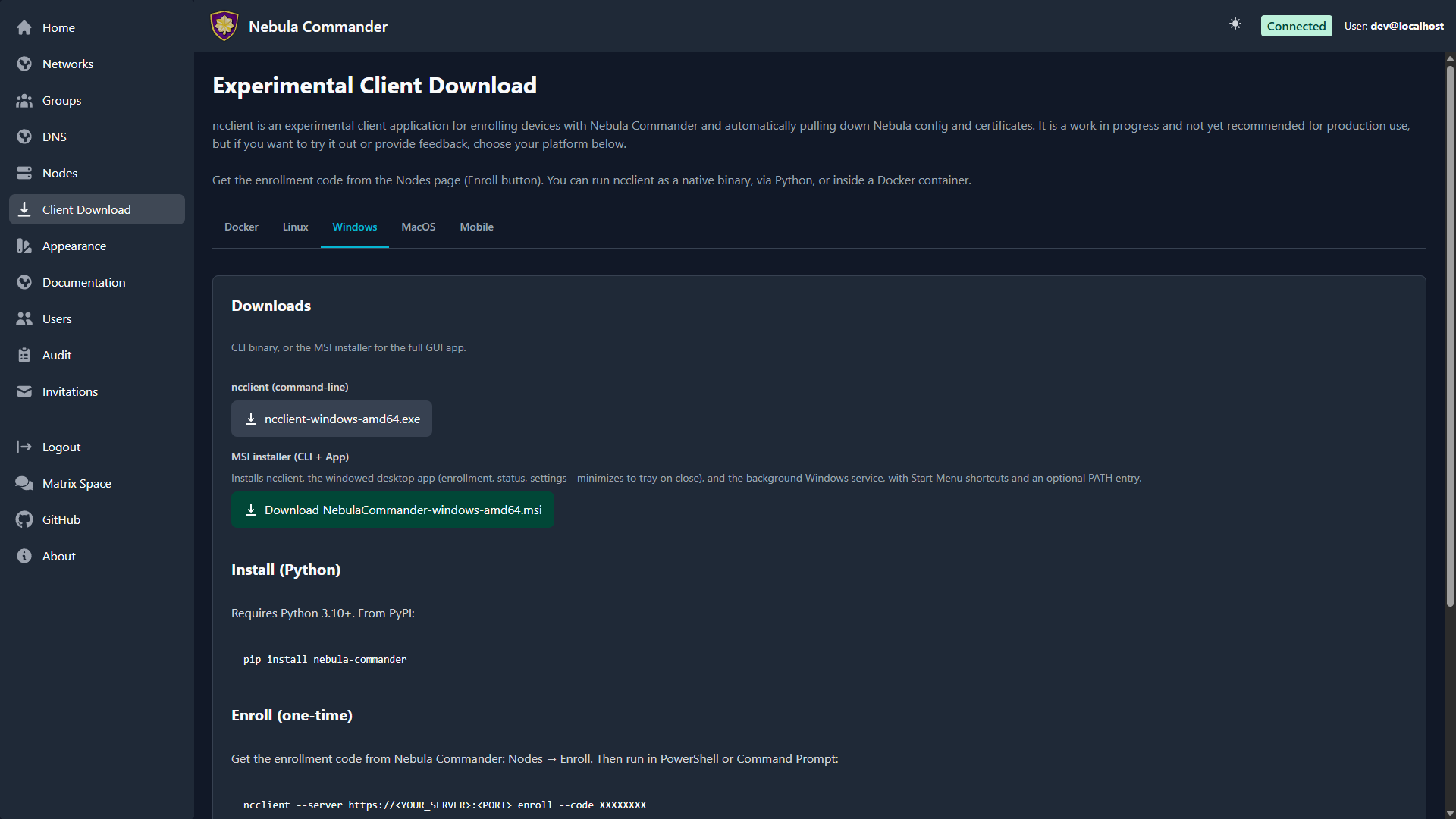 Client Download page in dark mode