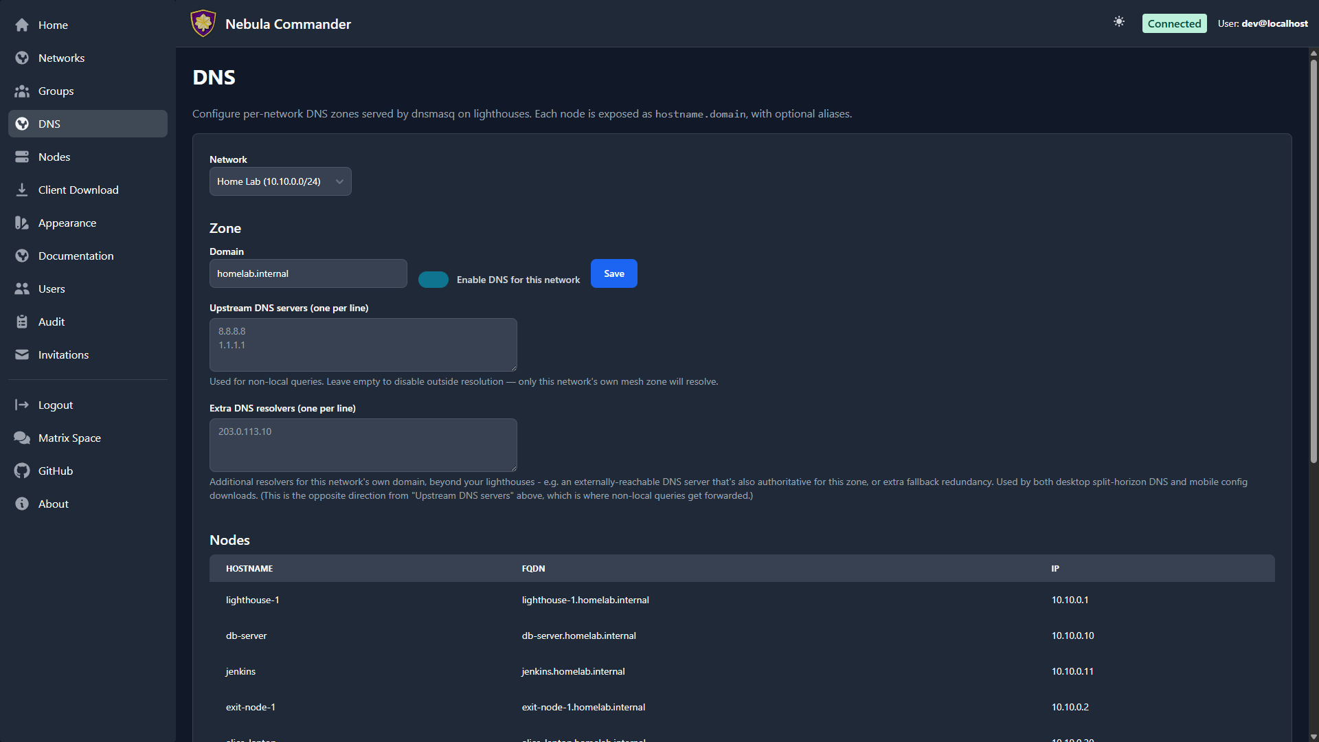 DNS page in dark mode