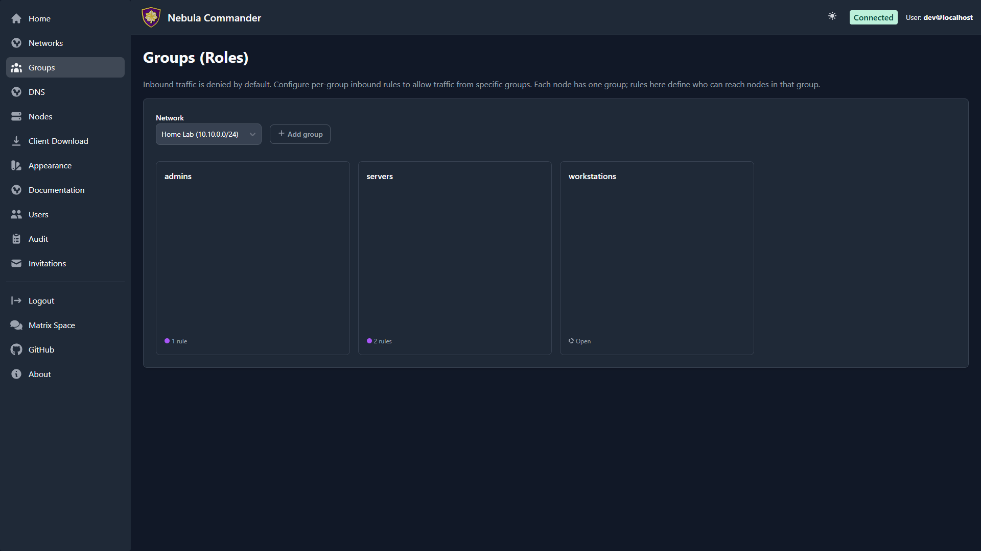 Groups page in dark mode