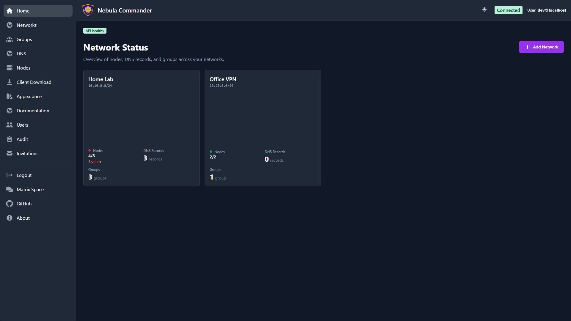 Home dashboard in dark mode