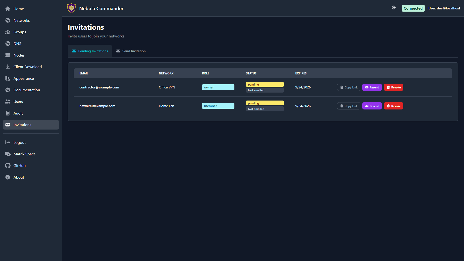 Invitations – pending list, dark mode