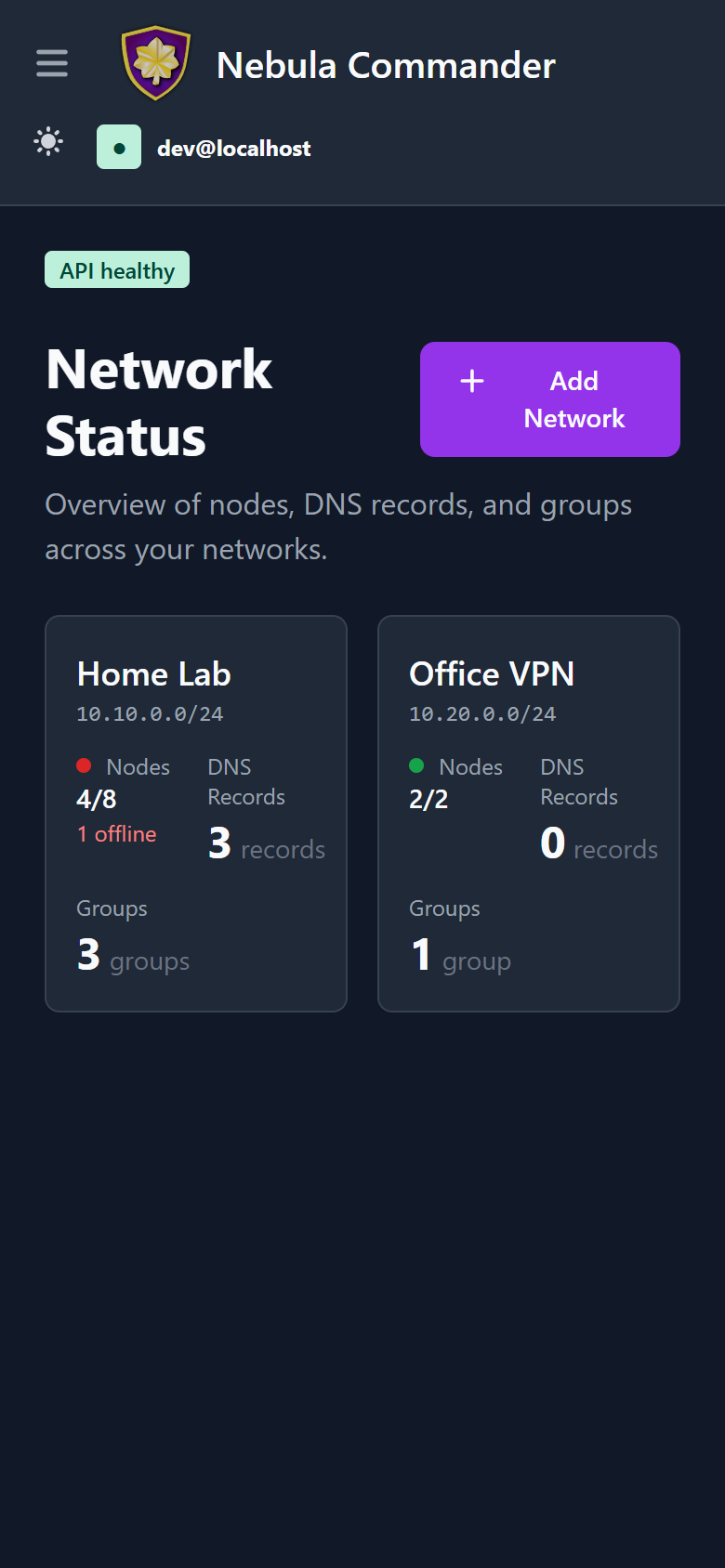 Home on mobile, dark mode
