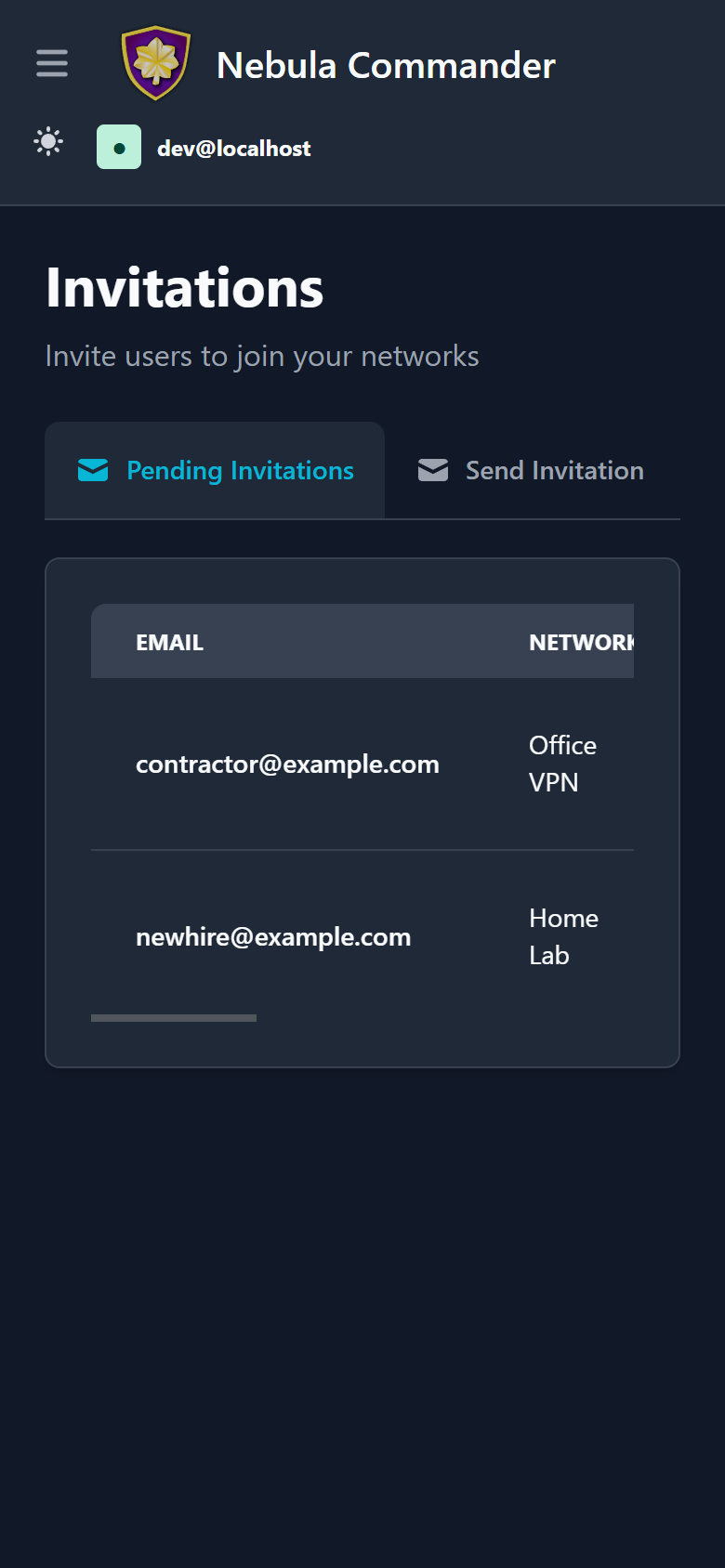 Invitations on mobile, dark mode