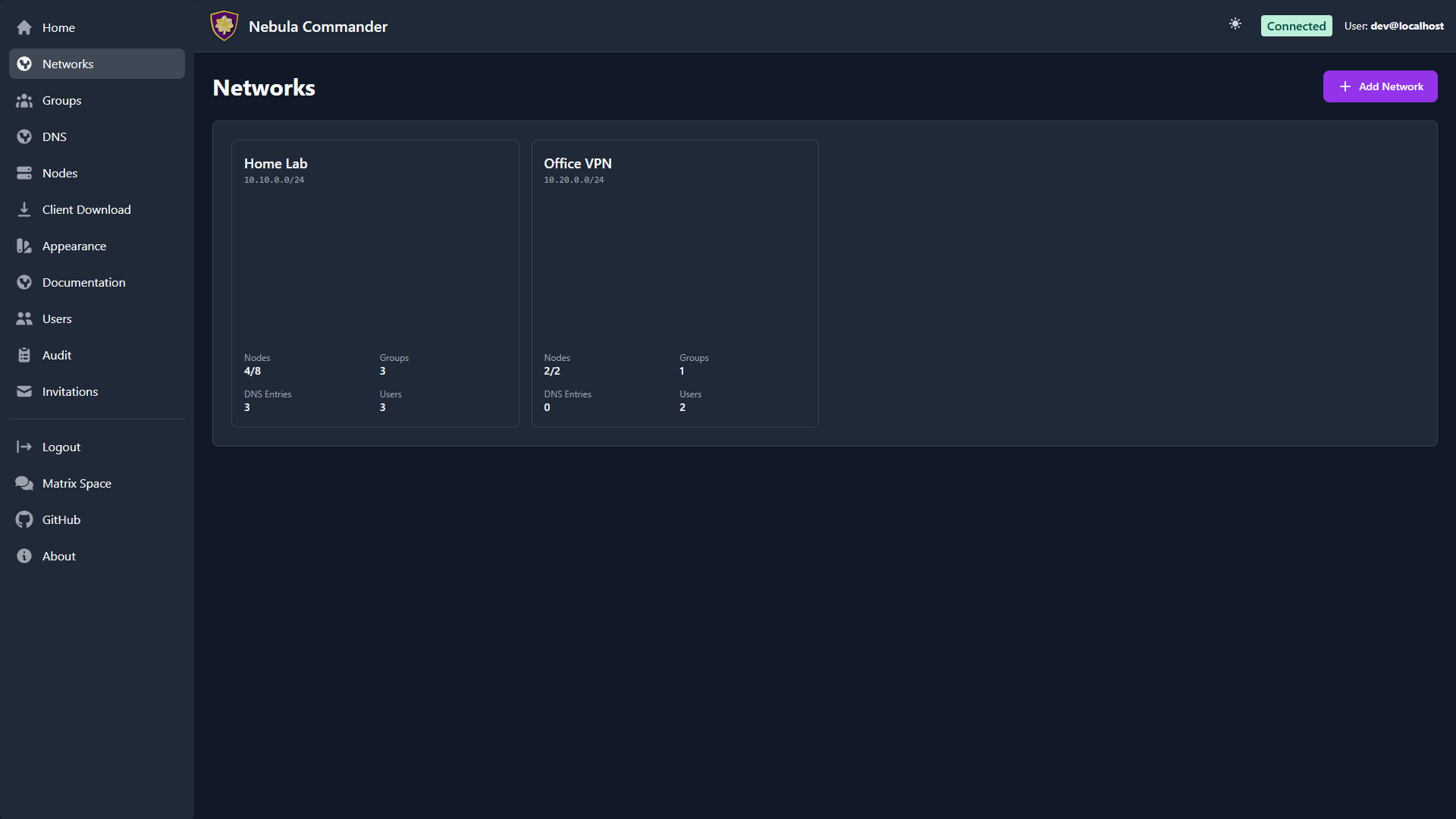 Networks page in dark mode