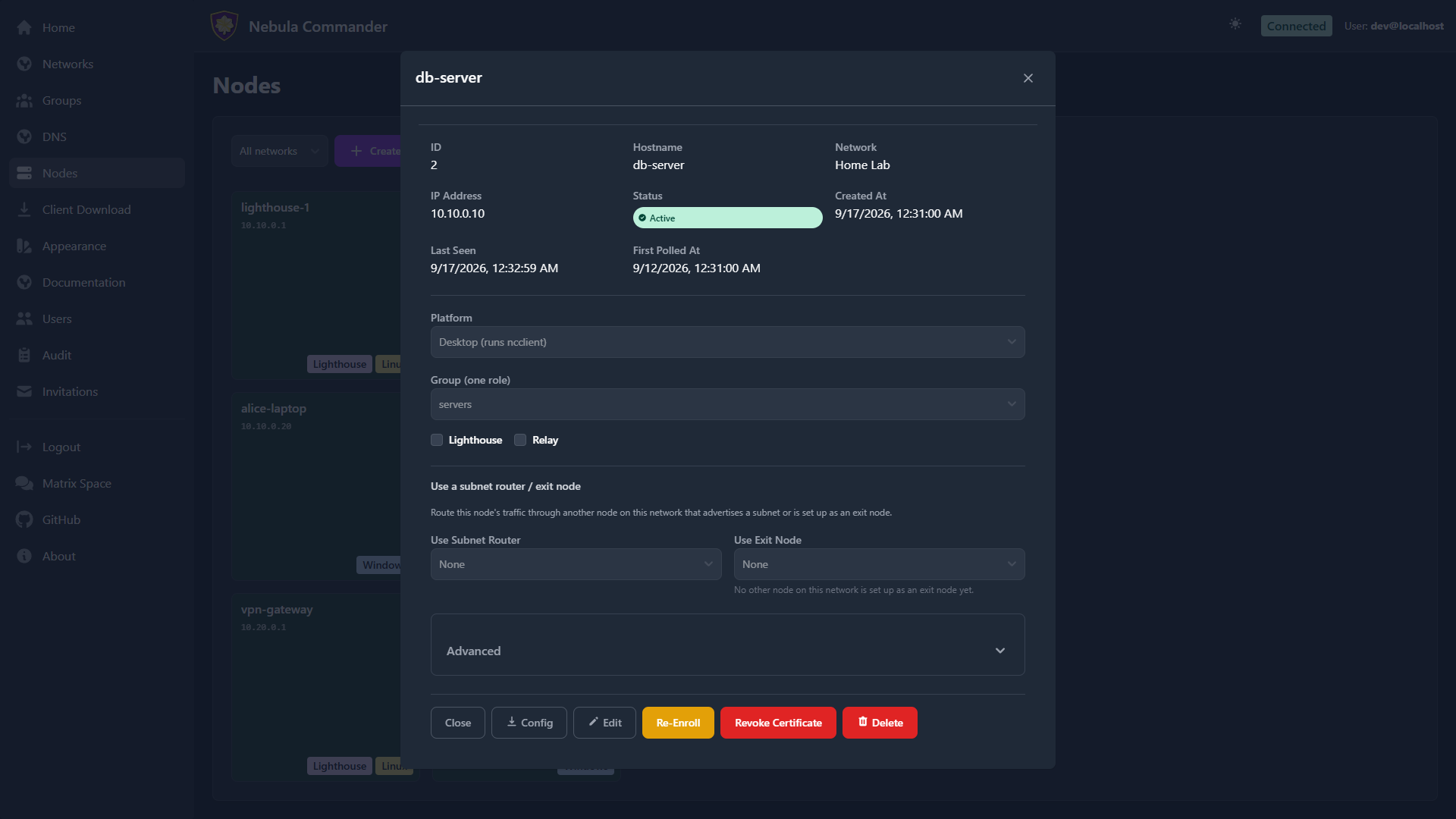 Node details panel in dark mode