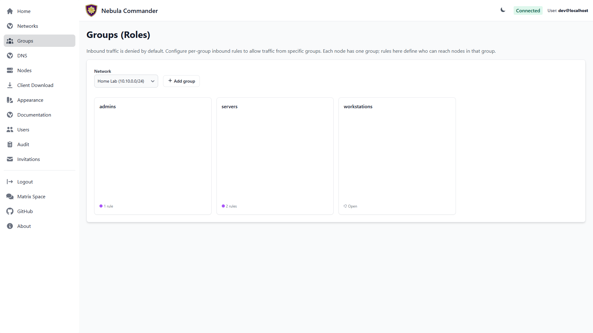 Groups page